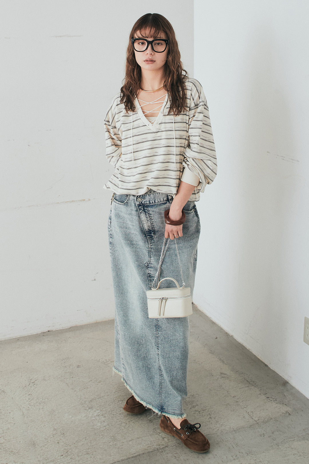 [SET]レースアップワッフルボーダートップス+ウエストクロスデニムタイトスカート(2set)