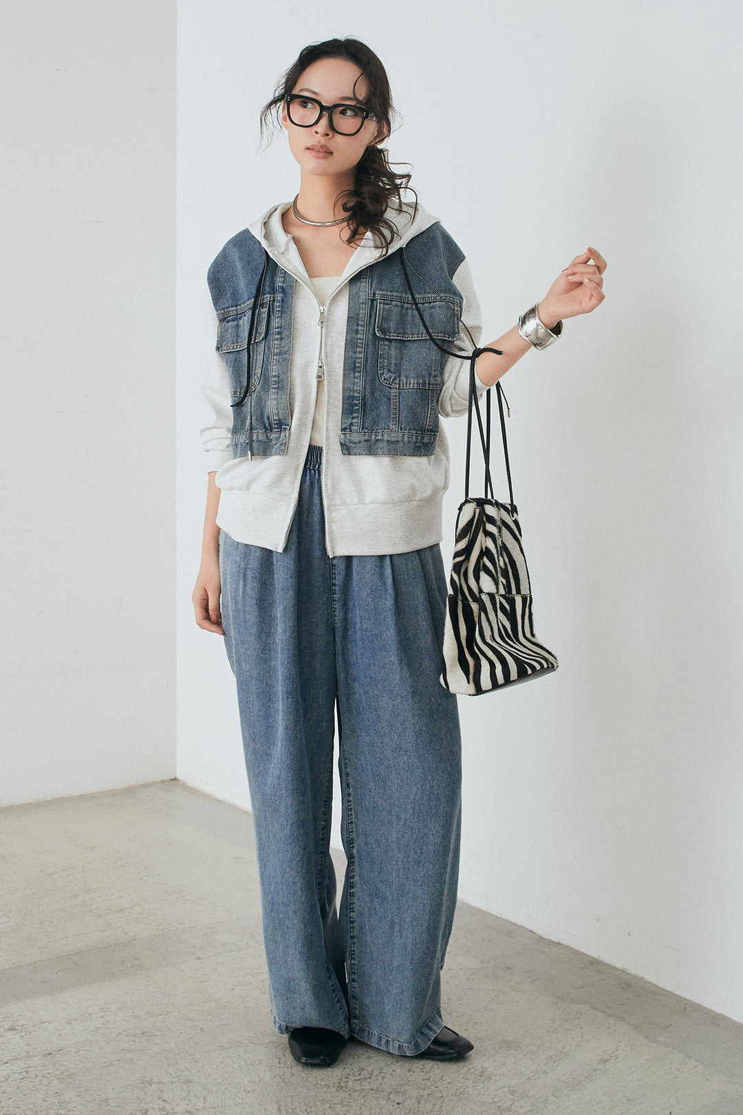 [SET]デニム切替ポンチダブルジップパーカー+テンセルデニムイージーワイドパンツ(2set)