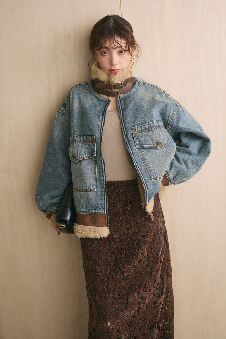 ファーコンビスタンドカラーデニムコート