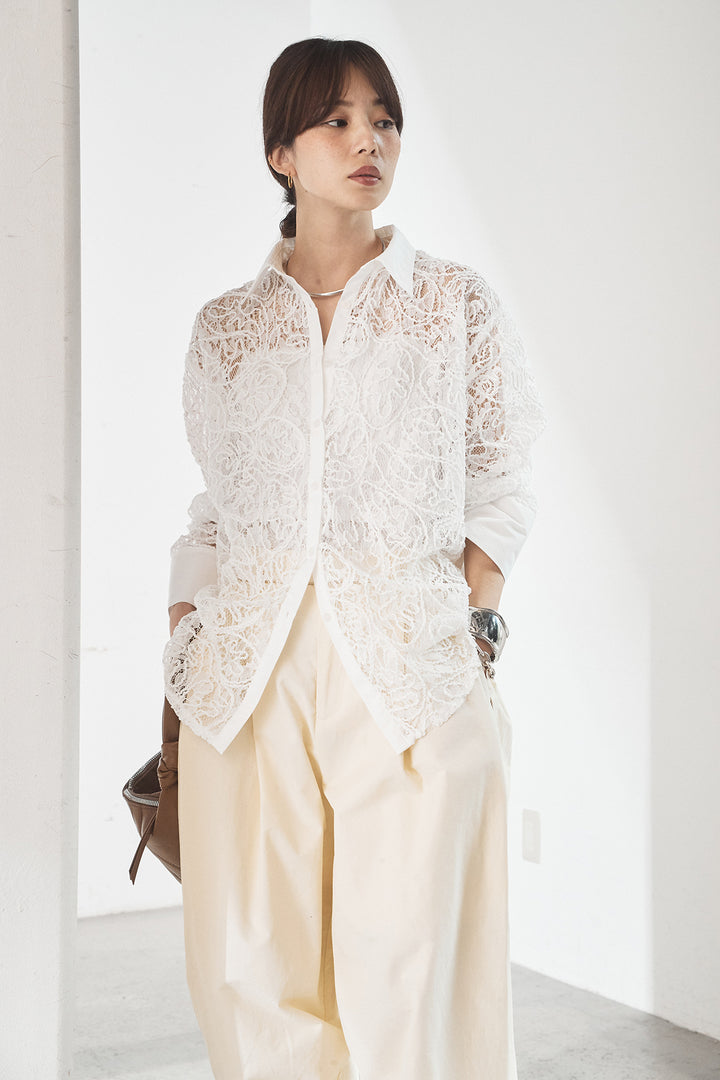 [SET]刺繍レースオーバーサイズシャツ+合繊ツイルパイピングタックカーブパンツ(2set)