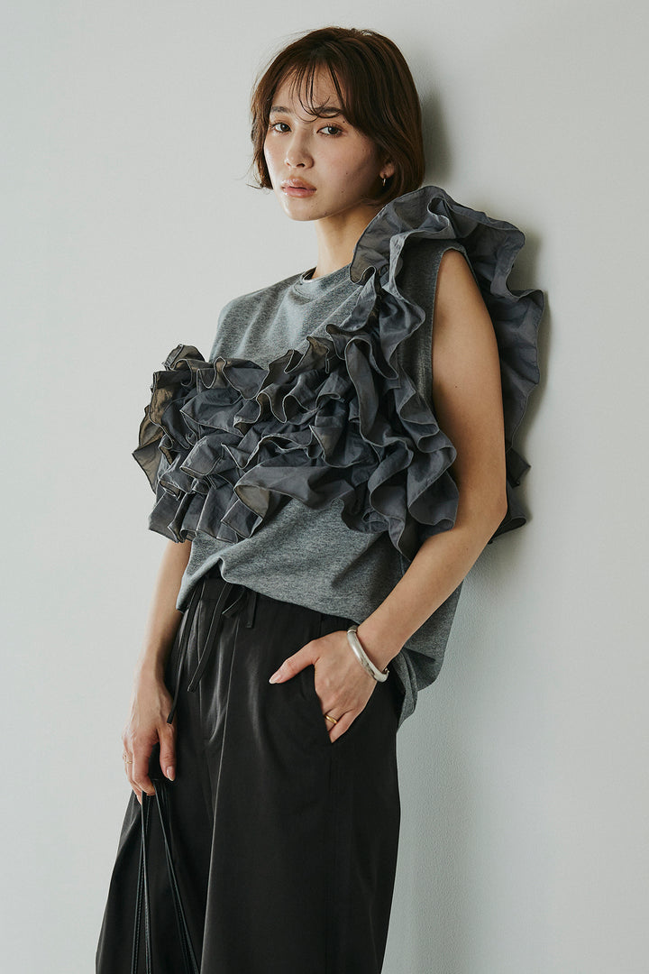 [SET]天竺ナイロンドッキングビスチェ風トップス+ニーサイドタックウエストドロスパンツ(2set)