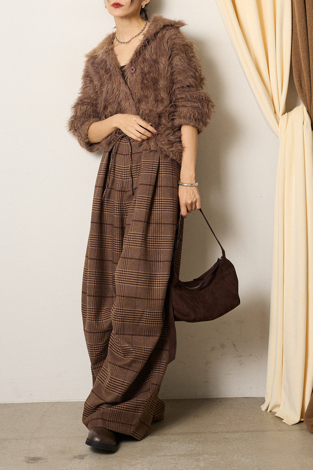 [SET]襟付きシャギーニットカーディガン+グレンチェックルーズタックパンツ(2set)