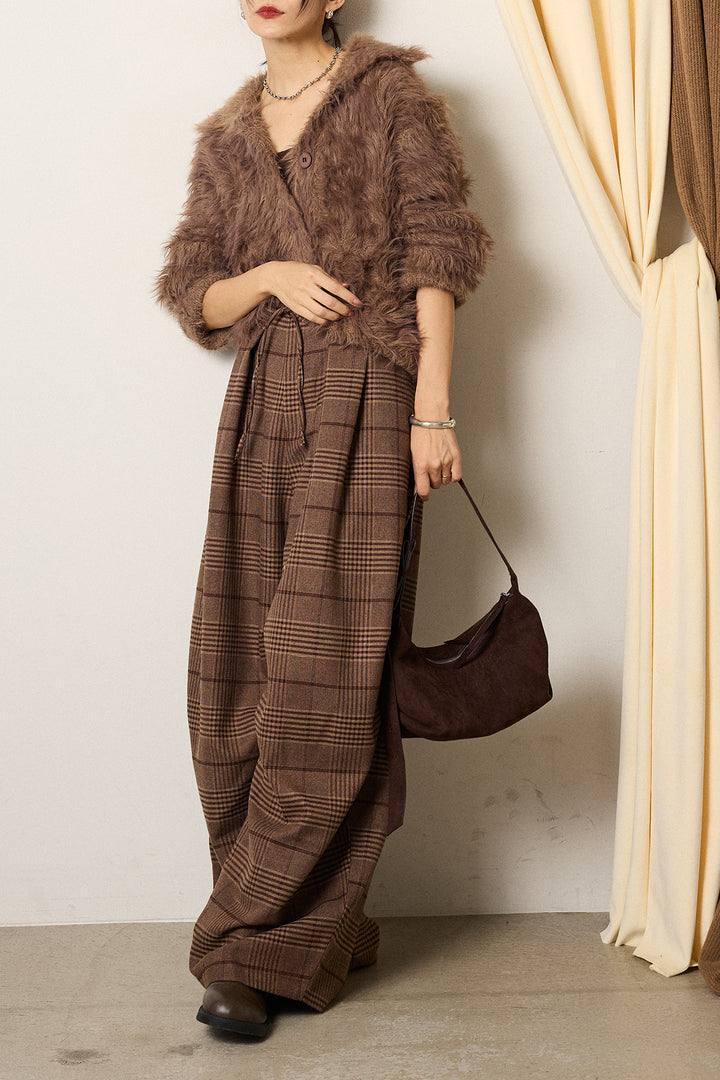 [SET]襟付きシャギーニットカーディガン+グレンチェックルーズタックパンツ(2set)