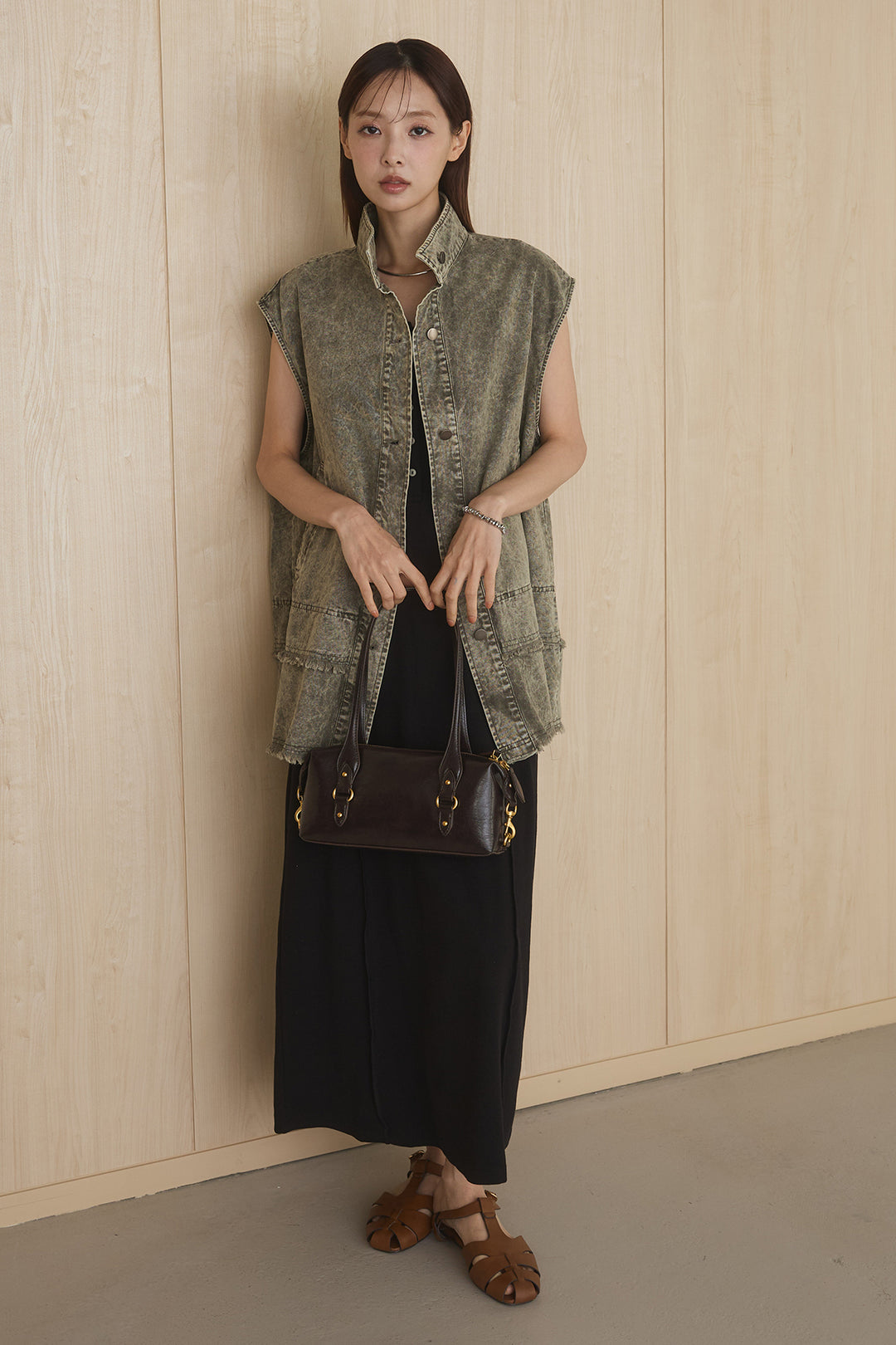 [SET]ケミカルデニムヘムカットオフジレ+ノースリロングワンピース(2set)