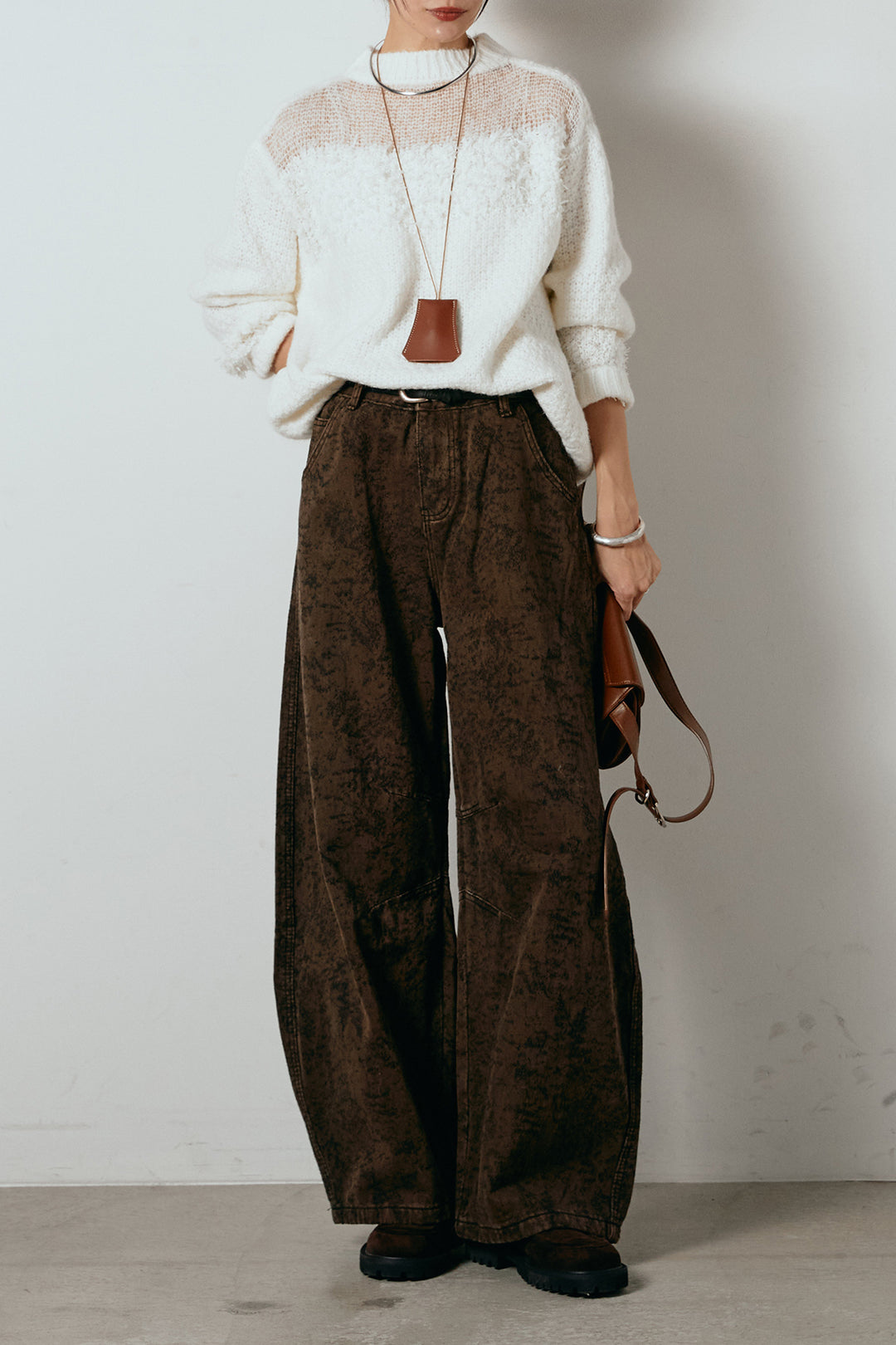 [SET]パターンランダム編みニットトップス+ベルト付きニュアンス柄カーブワイドパンツ(2set)