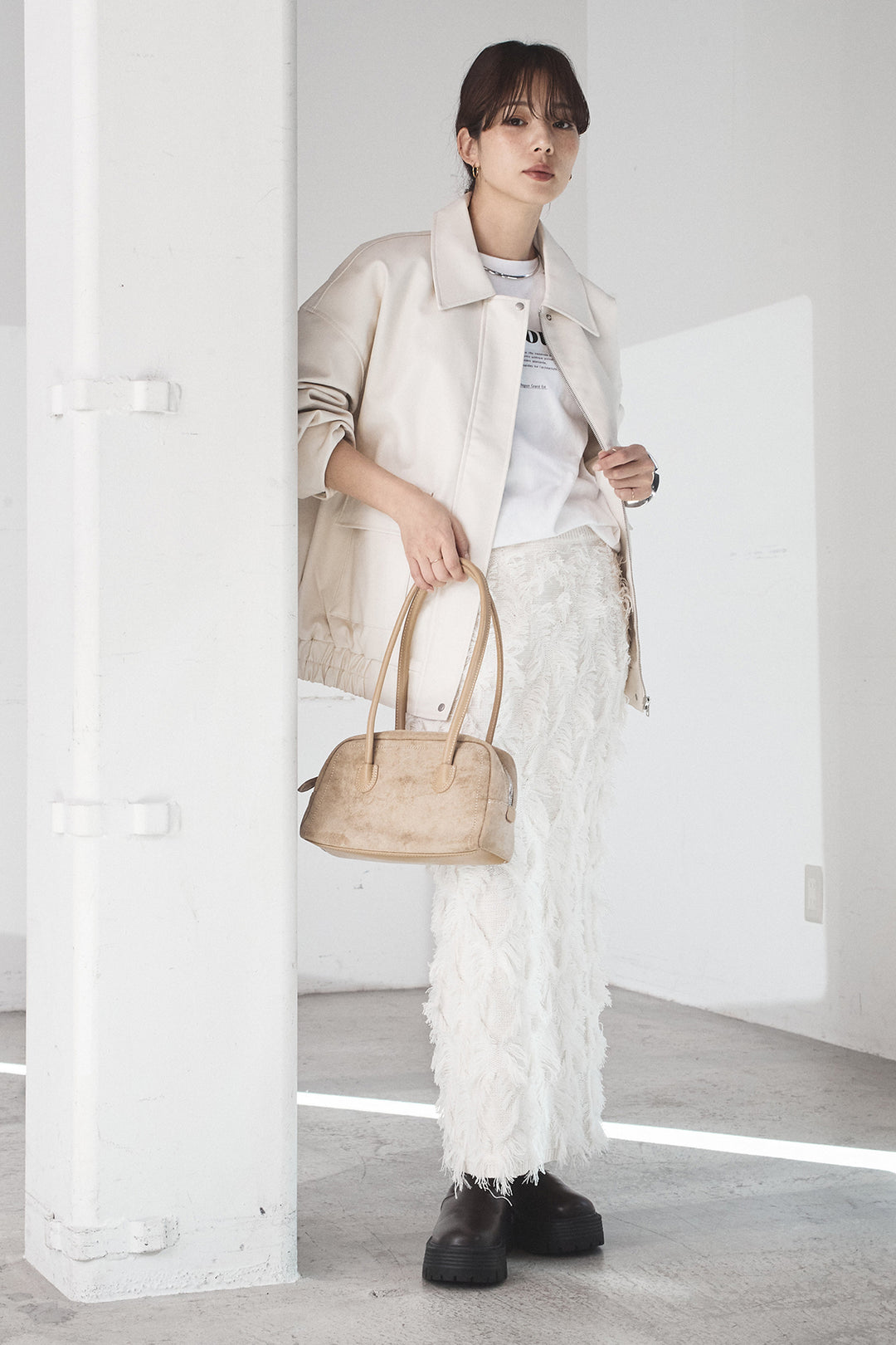 [SET]レザーライクオーバーサイズブルゾン+カットフリンジニットタイトスカート(2set)