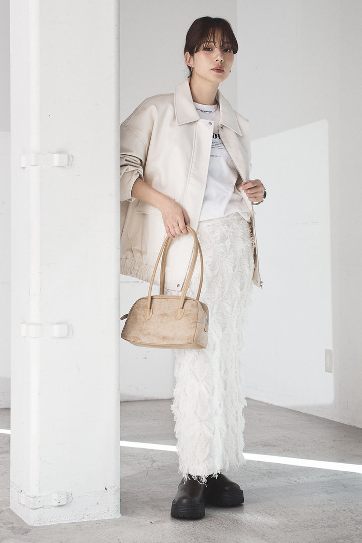 [SET]レザーライクオーバーサイズブルゾン+カットフリンジニットタイトスカート(2set)