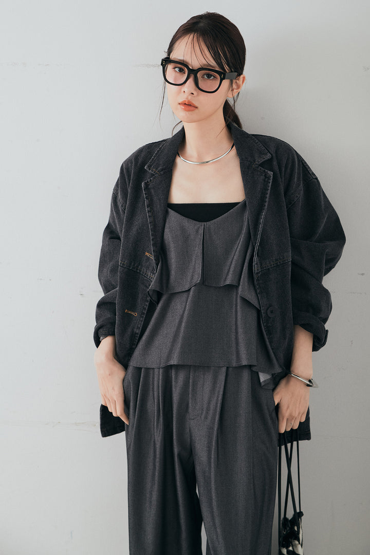 [SET]オーバーデニムジャケット+デニムライクツイルタックパンツ+デニムライクツイルティアードキャミソール(3set)