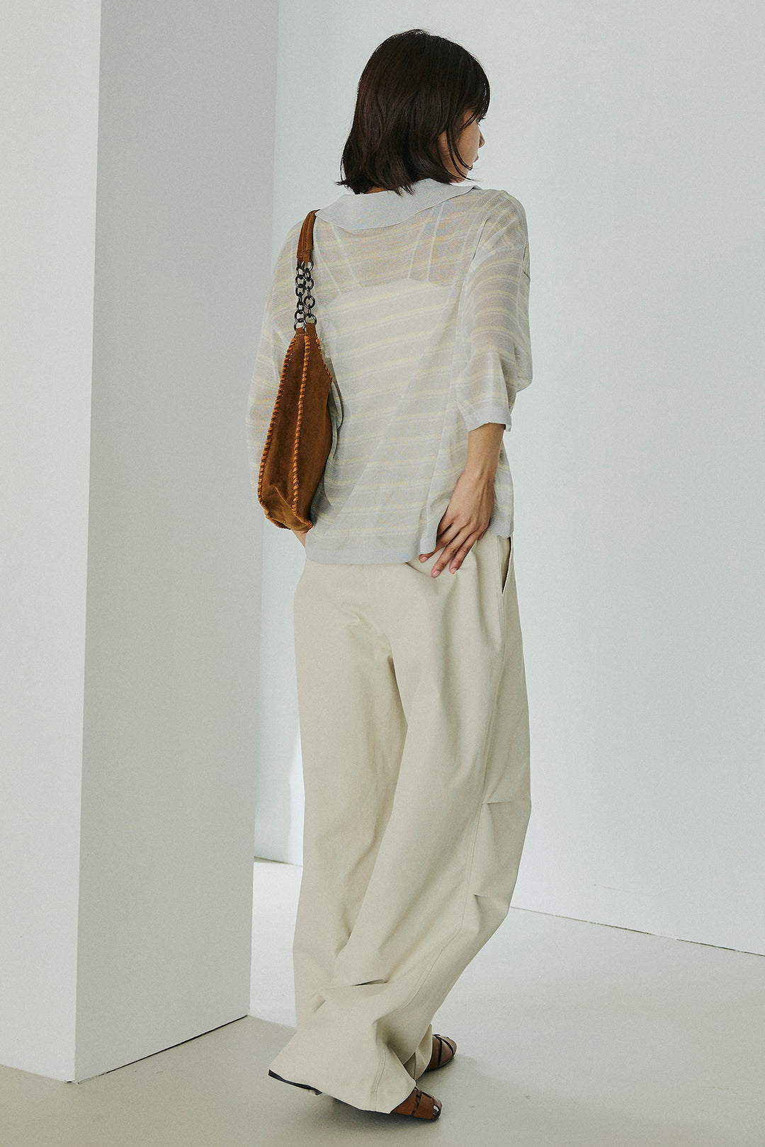 [SET]ボーダーニットポロシャツ+ニーサイドタックウエストドロスパンツ(2set)