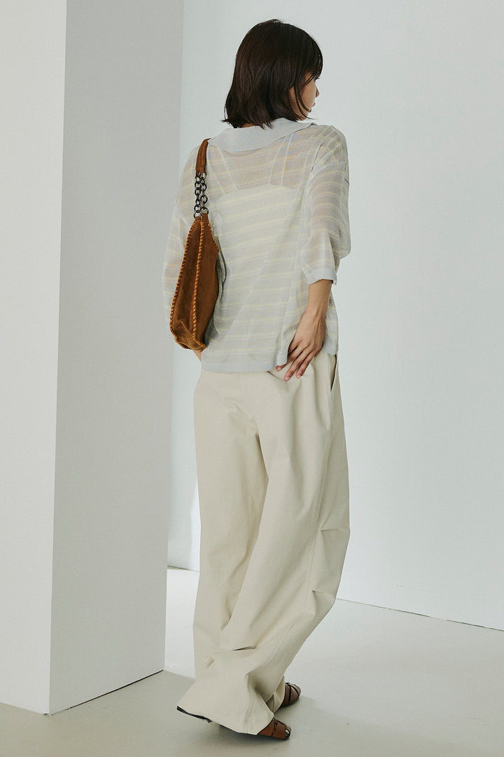 [SET]ボーダーニットポロシャツ+ニーサイドタックウエストドロスパンツ(2set)