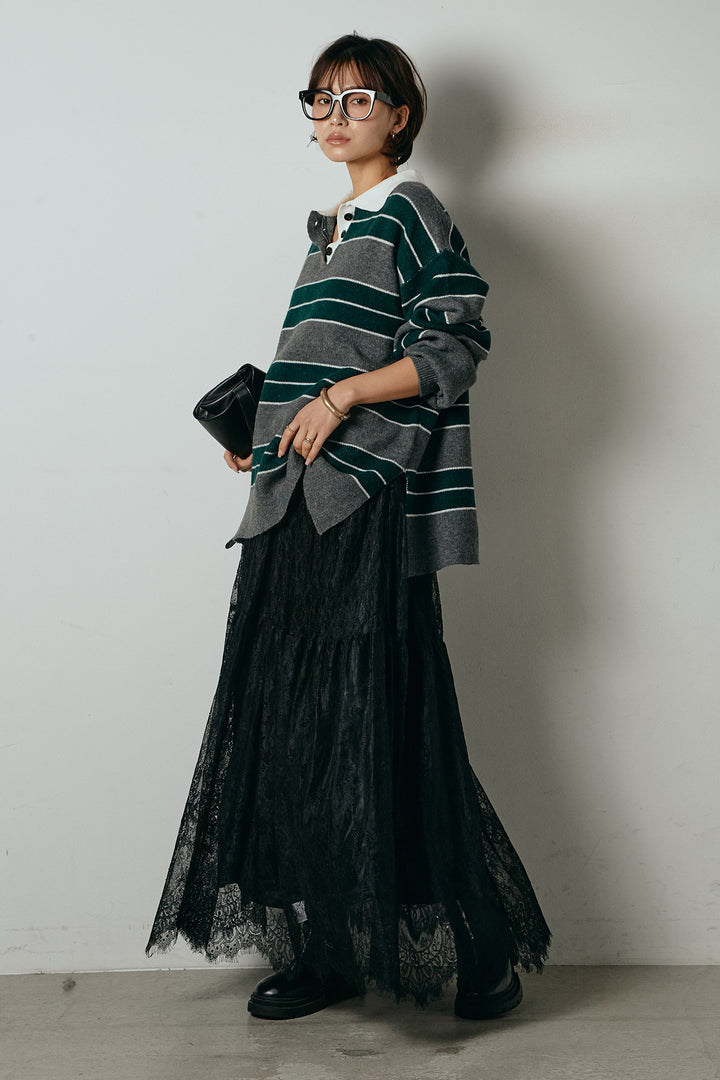 [SET]ラガーニットボーダーポロプルオーバー+ひげレース切替ロング丈スカート(2set)