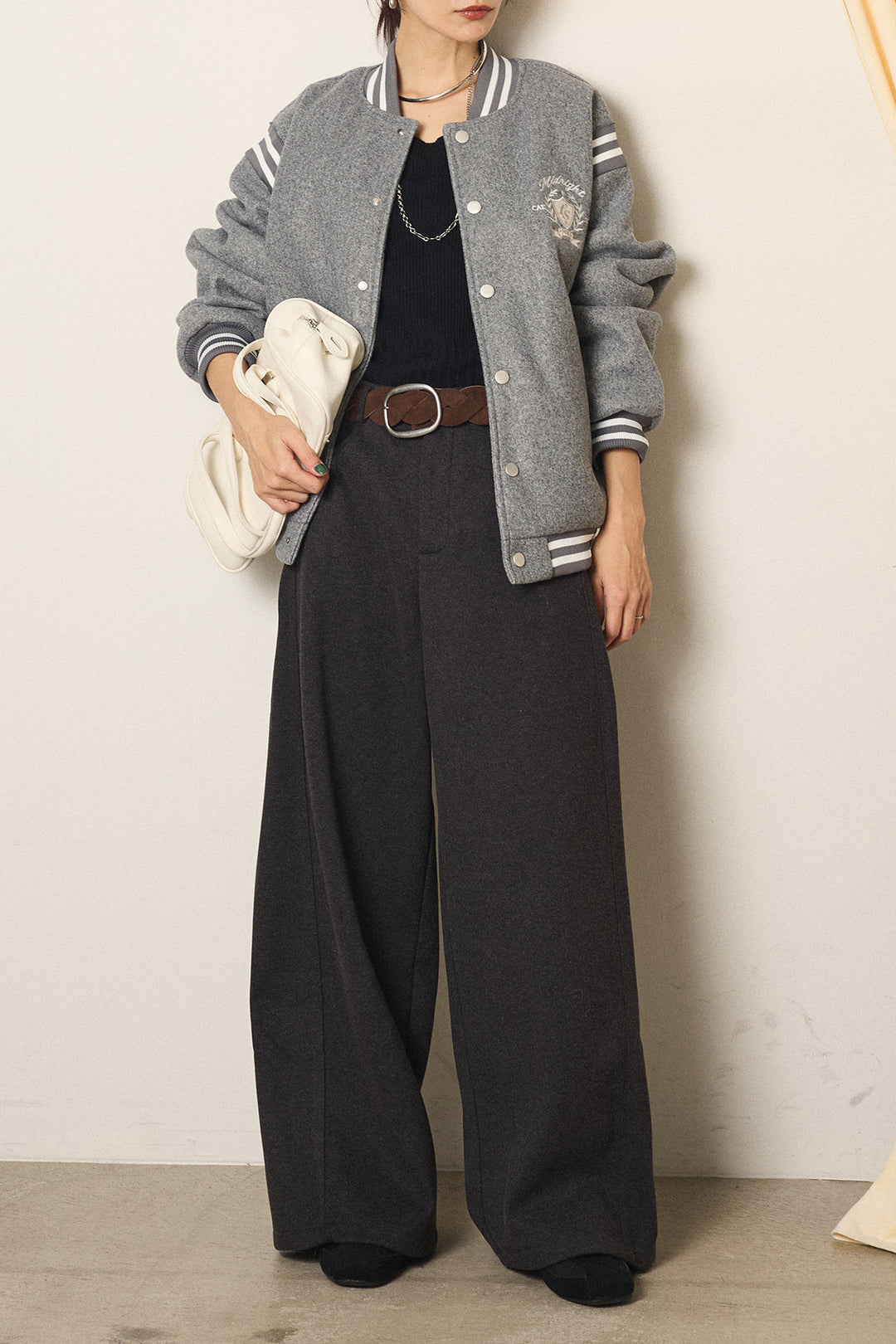 [SET]ワンポイントデザインブルゾン+編みベルト付きワイドパンツ(2set)
