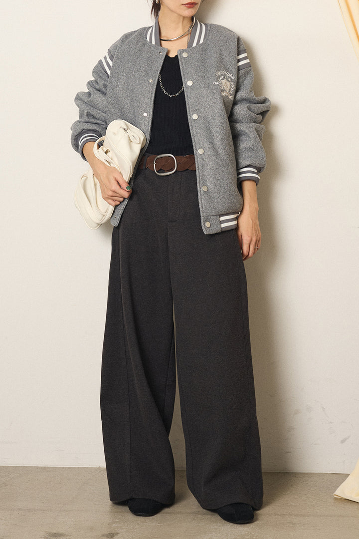 [SET]ワンポイントデザインブルゾン+編みベルト付きワイドパンツ(2set)