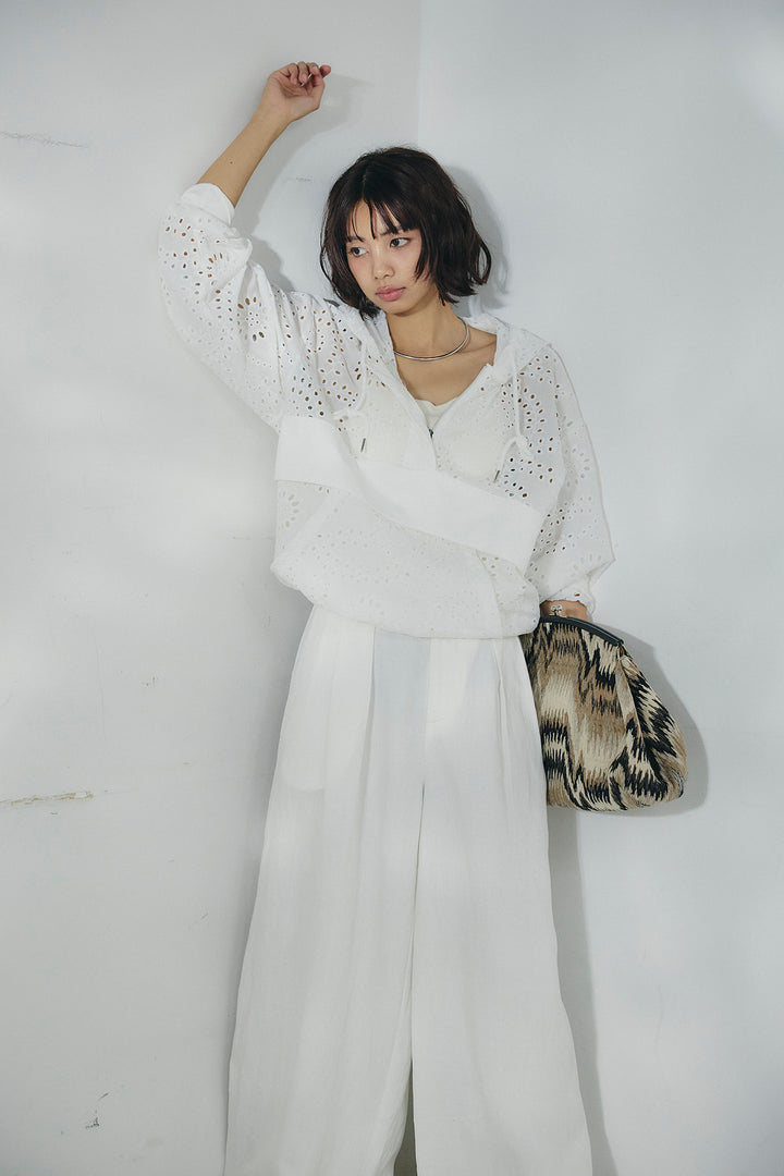 [SET]レースハーフジップアップフーディー+リネン混タックストレートワイドパンツ(2set)