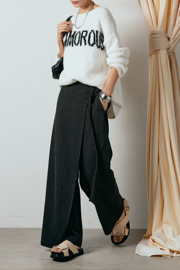 [SET]フロントロゴデザインニットトップス+ラップ巻きワイドスラックス(2set)