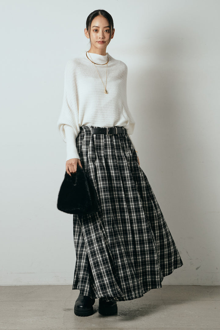 [SET]ポンチョシルエット透かしニットトップス+ベルト付きタータンチェックプリーツスカート(2set)