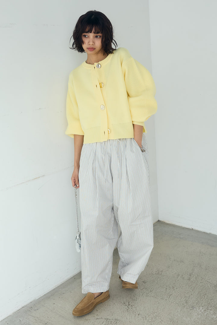 [SET]スポンディッシュBIGボタンクルーネックカーディガン+ランダムストライプタックギャザーパンツ(2set)