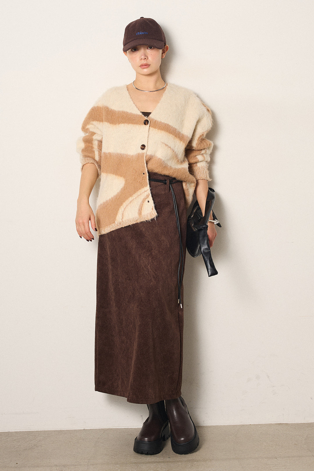 [SET]アクセントブラッシュドカーディガン+ロープベルト付きスウェード調スカート(2set)