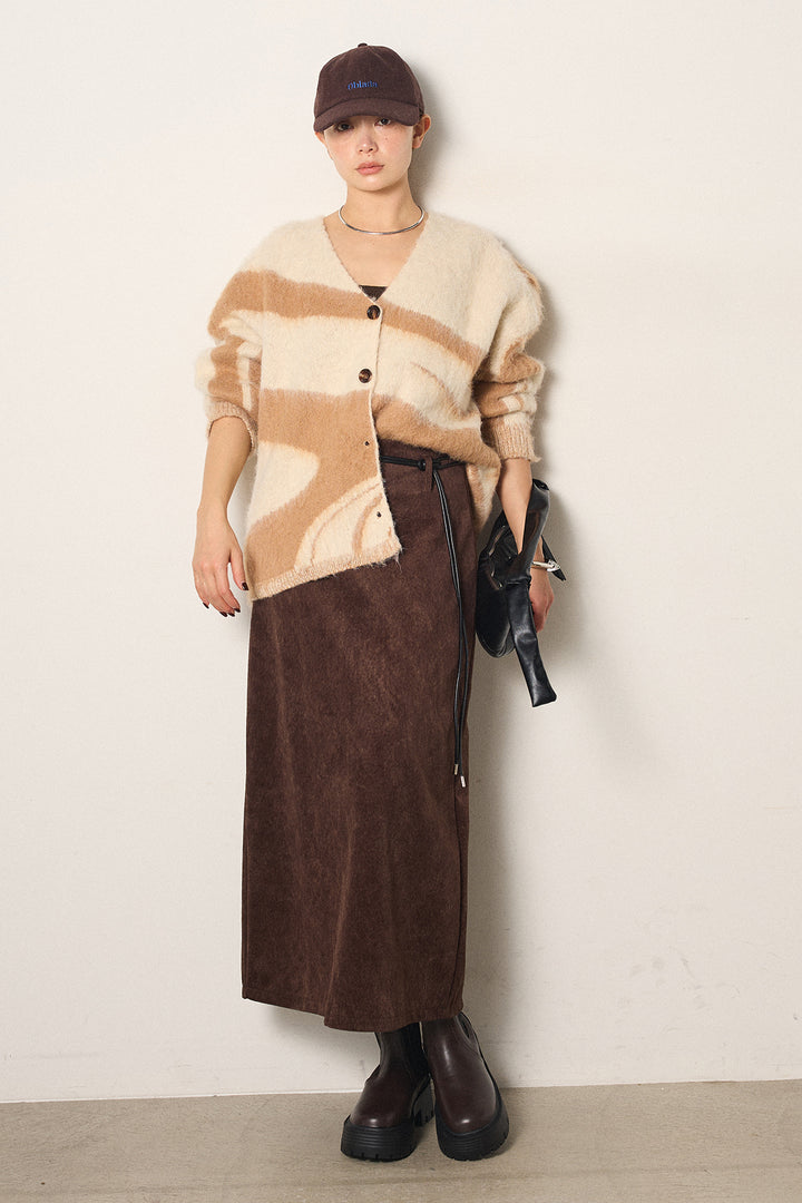 [SET]アクセントブラッシュドカーディガン+ロープベルト付きスウェード調スカート(2set)