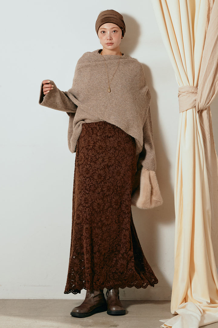 [SET]ケープデザインリブニットトップス+花柄刺繍ベロアフレアスカート(2set)