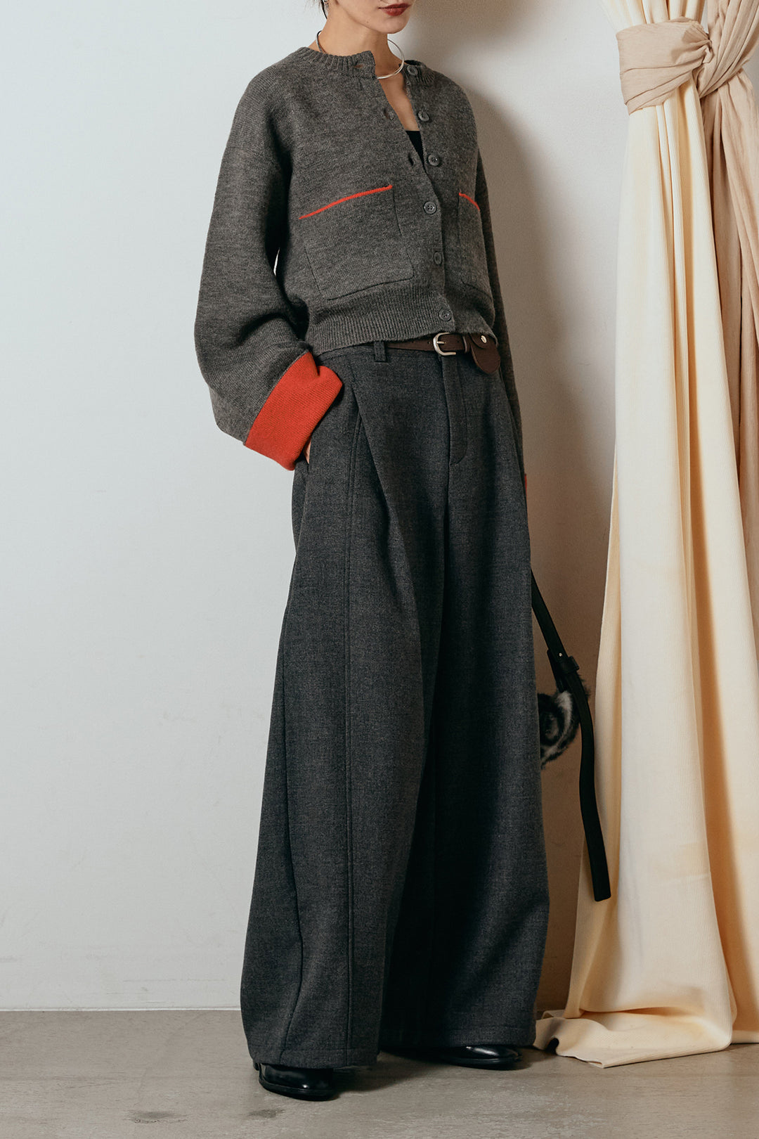 [SET]アルパカタッチダブルフェイスカーディガン+ポーチベルト付きカーブパンツ(2set)