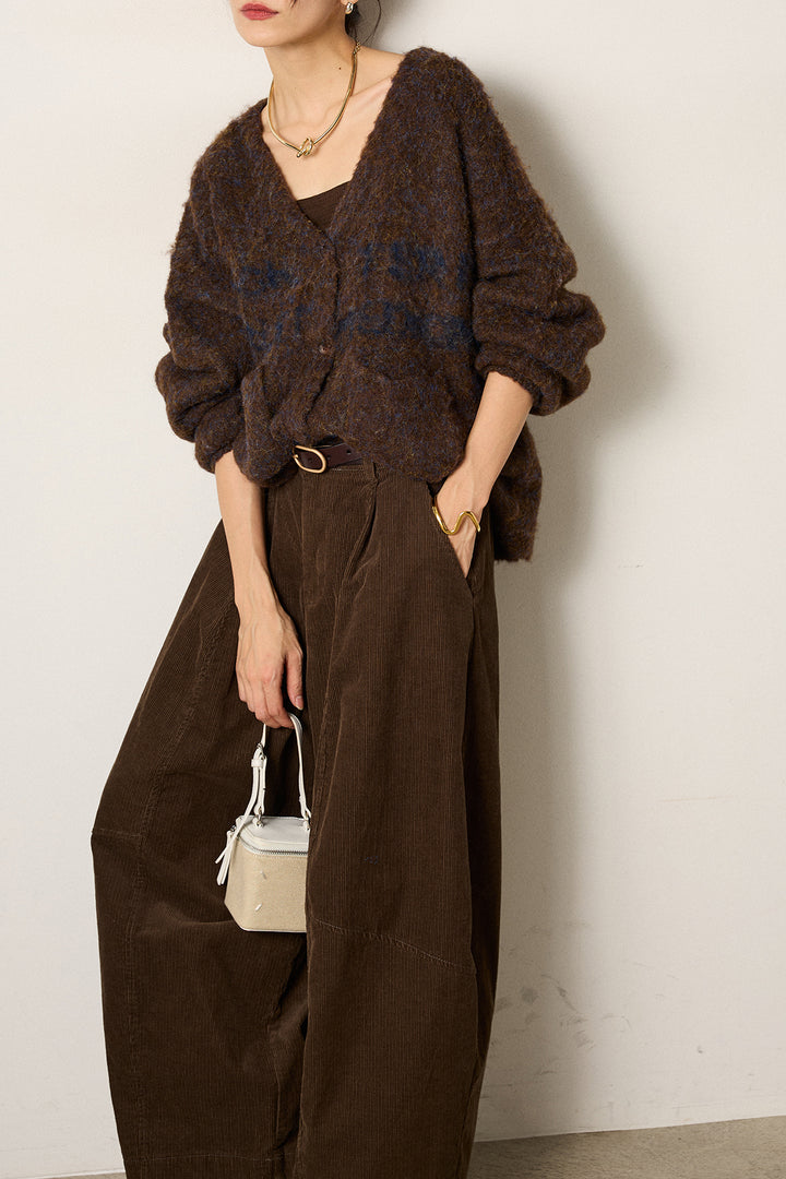 [SET]ウール混透かしロゴニットカーディガン+タック入りコーデュロイワイドパンツ(2set)