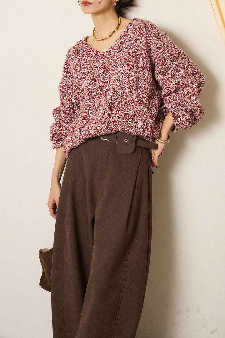 [SET]Vネックミックス編みニットトップス+ポーチベルト付きカーブパンツ(2set)