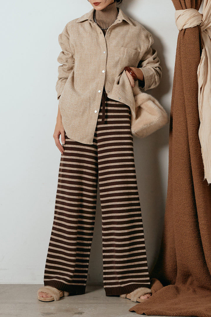 [SET]ルーズクラッシュツイルシャツ+ボーダーリラックスニットパンツ(2set)