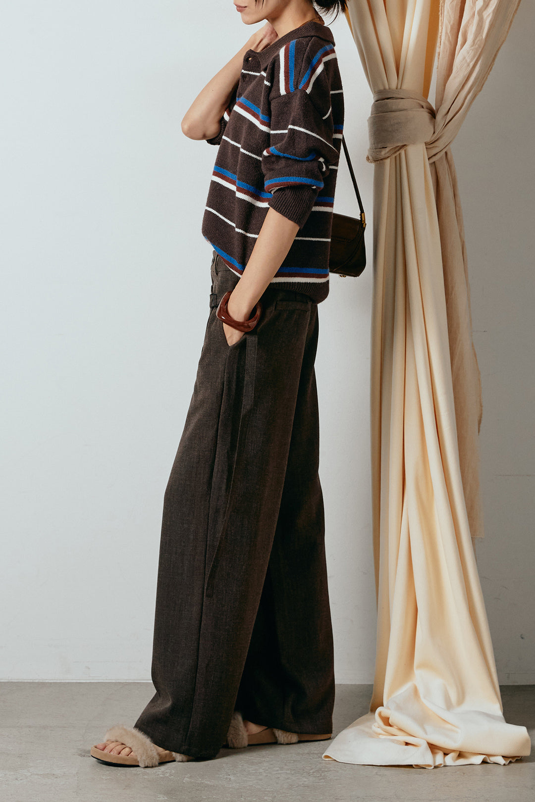 [SET]襟付きマルチボーダーニットポロトップス+ラップ巻きワイドスラックス(2set)