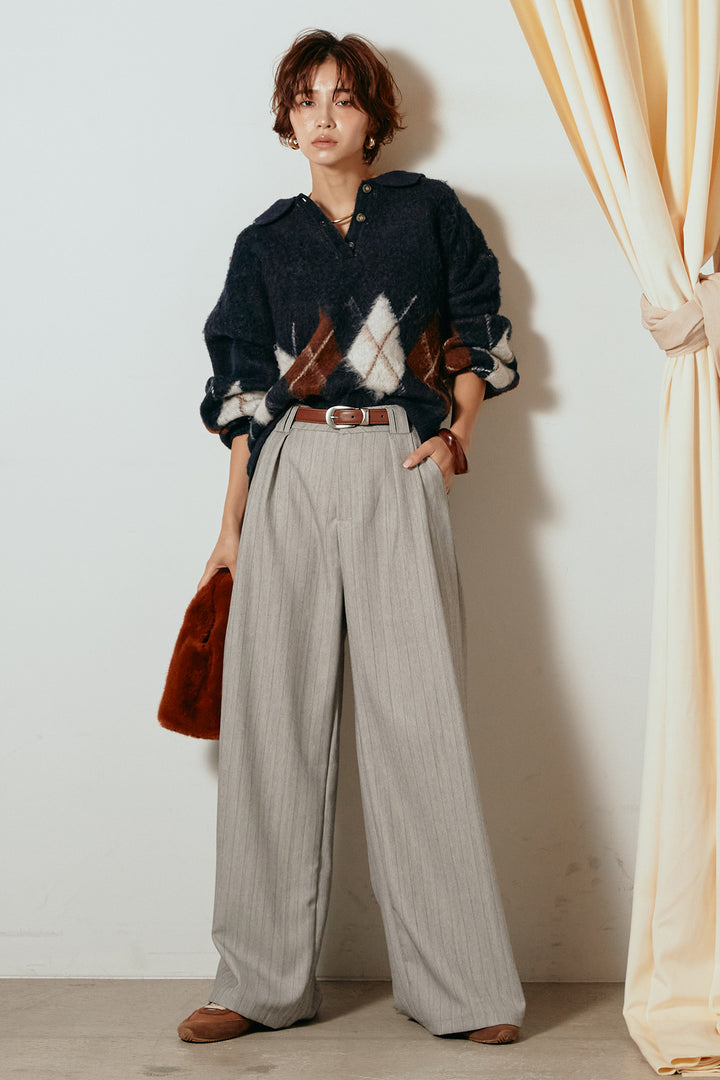 [SET]アーガイル柄ポロニットトップス+ストライプヘリンボーンパンツ(2set)