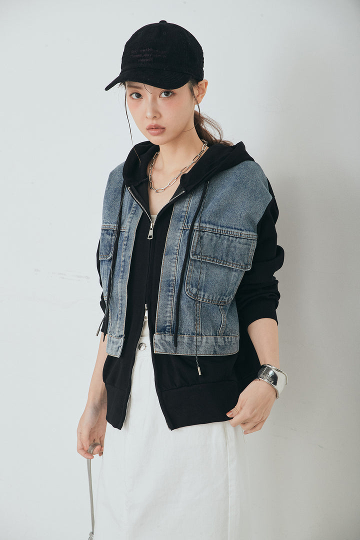 [SET]デニム切替ポンチダブルジップパーカー+裾レースデザインデニムスカート(2set)