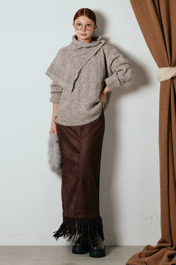 [SET]ケープデザインケーブルニットトップス+スウェードライク裾フリンジスカート(2set)