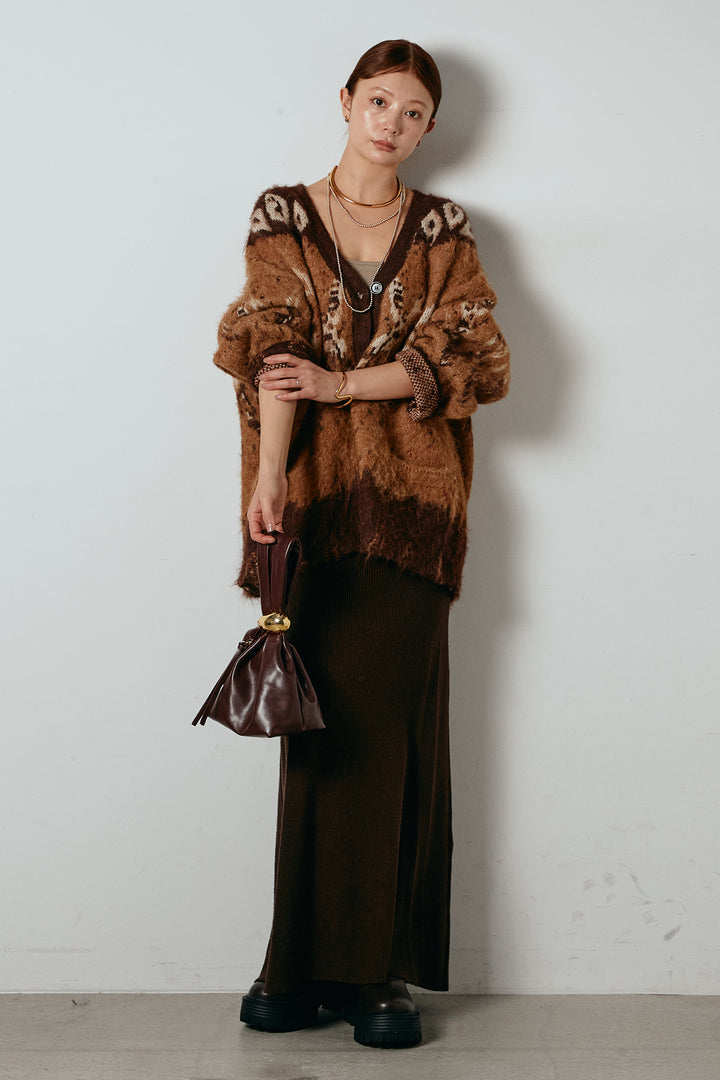 [SET]シャギーニュアンス柄ニットカーディガン+リブナローニットスカート(2set)