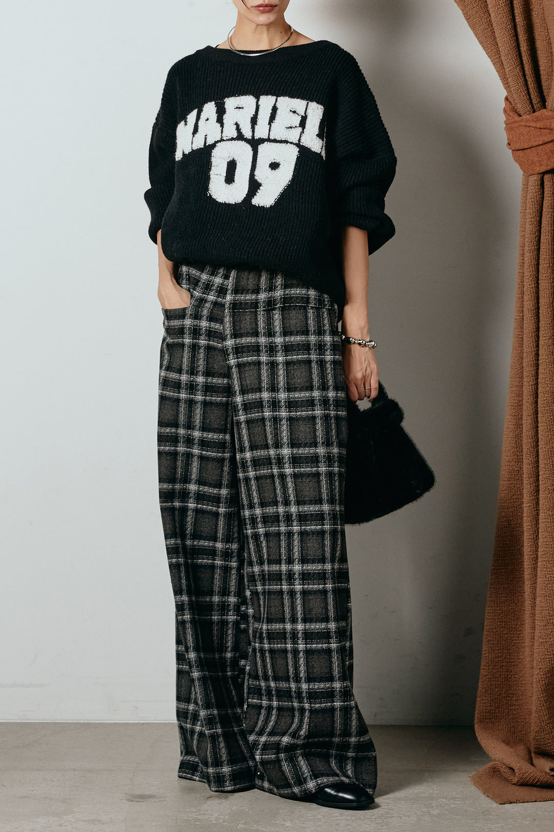 [SET]ロゴジャガードニットトップス+ルーズタータンチェックワイドパンツ(2set)