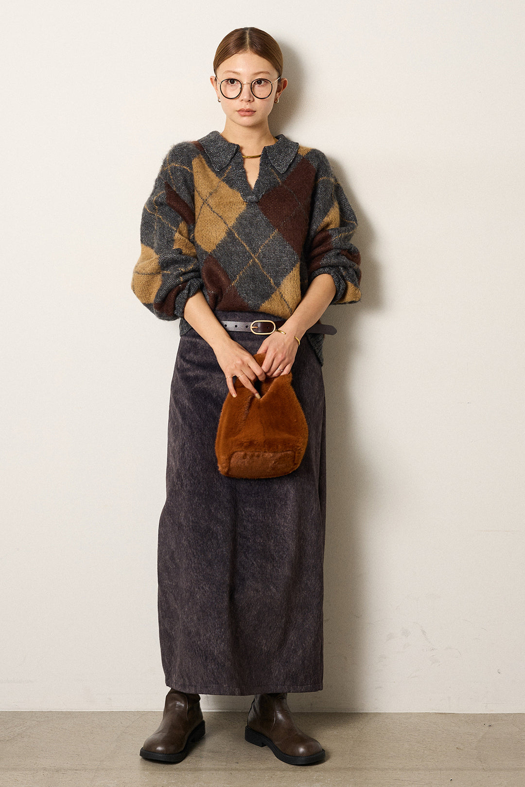 [SET]アクリルモヘアアーガイルキーネックプルオーバー+ロープベルト付きスウェード調スカート(2set)