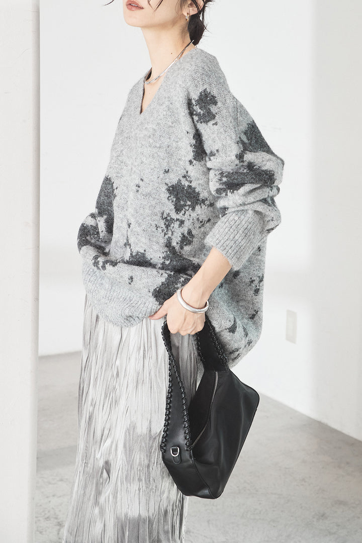 [SET]アブストラクト柄ニットプルオーバー+ベロアロングプリーツスカート(2set)