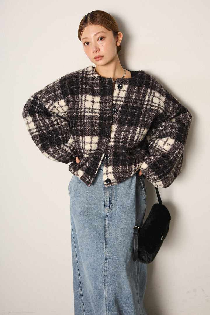 [SET]ノーカラーチェック柄ボアブルゾン+デニムロングフレアスカート(2set)
