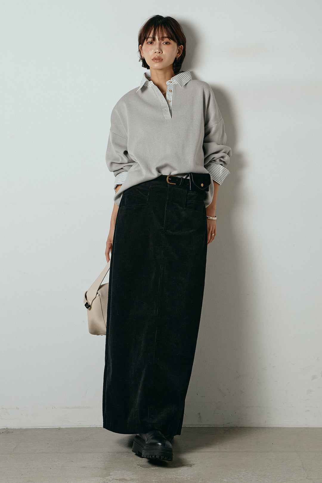 [SET]ストライプシャツドッキングポロトップス+ポーチベルト付きコーデュロイワイドスカート(2set)