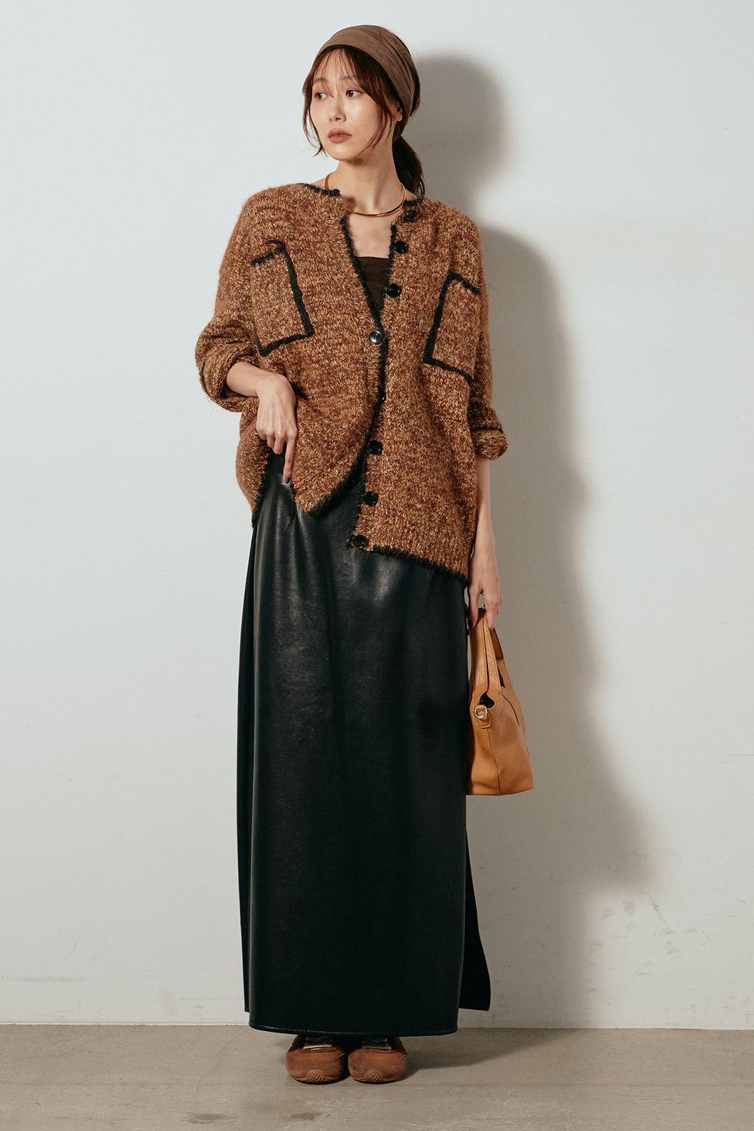 [SET]ミックスニットポケットカーディガン+紐付きフェイクレザーワイドスカート(2set)