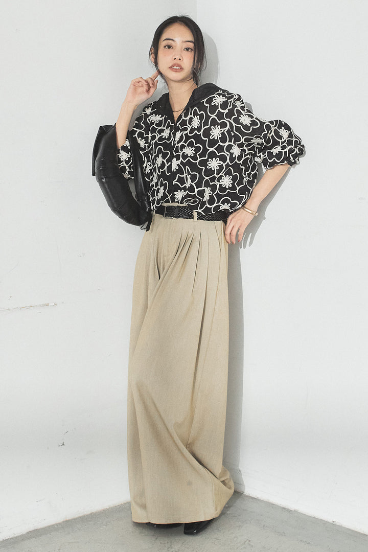 [SET]シアーフラワーフードブルゾン+編みベルト付きウエストタックワイドパンツ(2set)