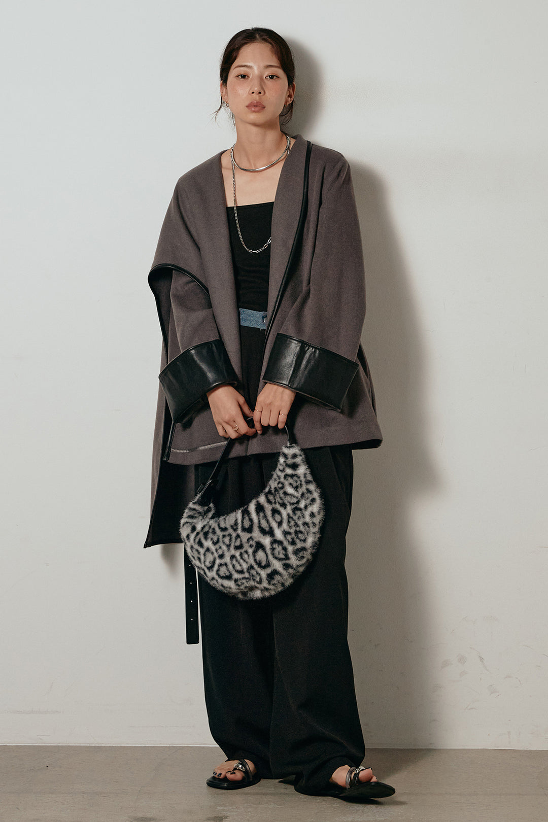 [SET]ネック巻き配色デザインアウター+ウエスト配色タックワイドパンツ(2set)