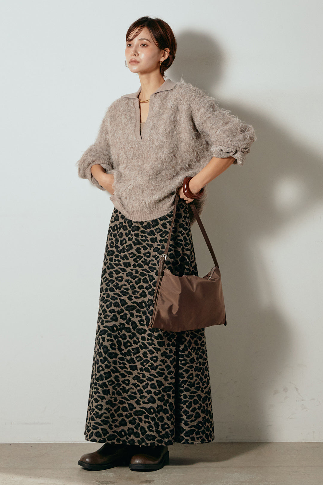 [SET]襟付きシャギーニットポロトップス+レオパードロングスカート(2set)