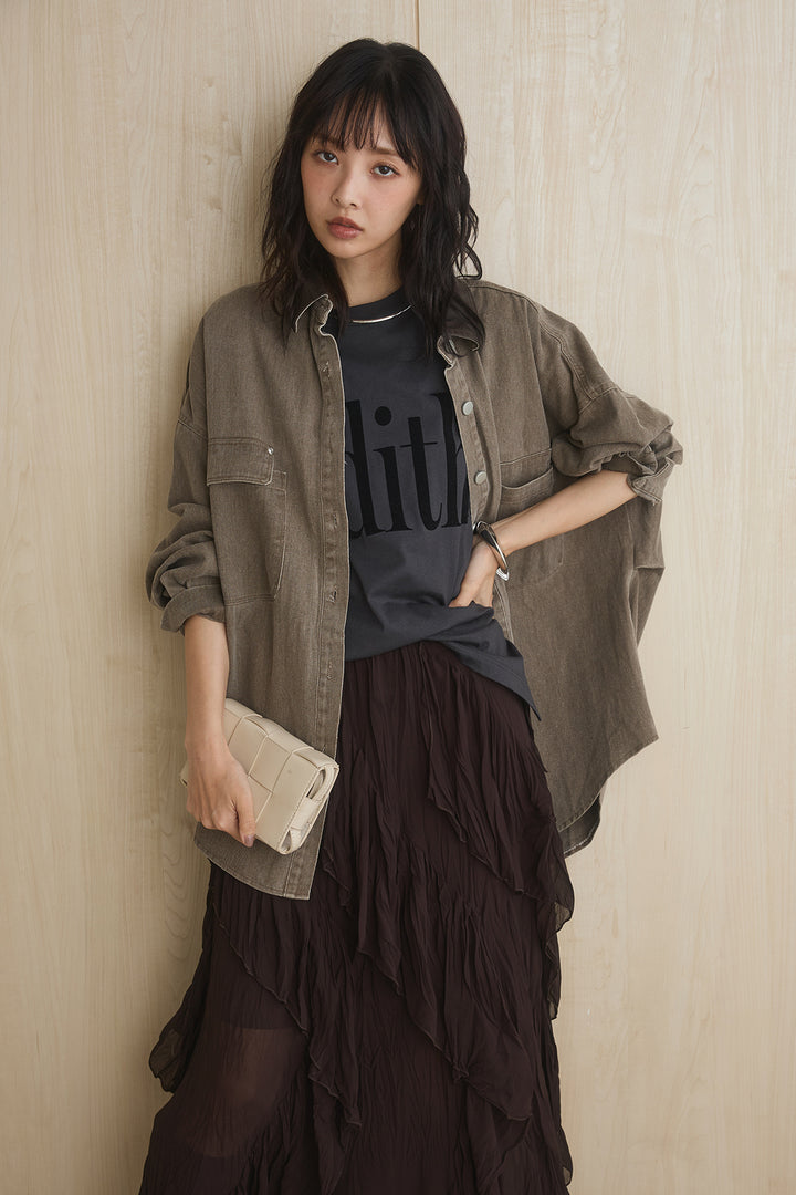 [SET]襟レザーライクシャツジャケット+ビッグロゴプリントTシャツ+ランダムフリルスカート(3set)