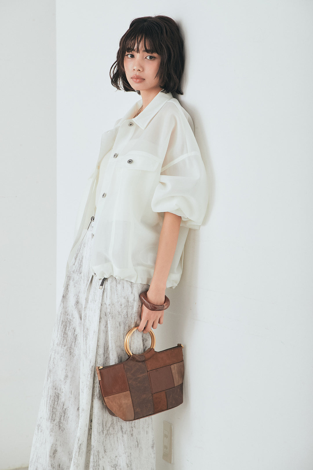 [SET]シアーダンボールサイドドロストジャケット+紐ベルト付きかすれ柄ワイドスラックス(2set)