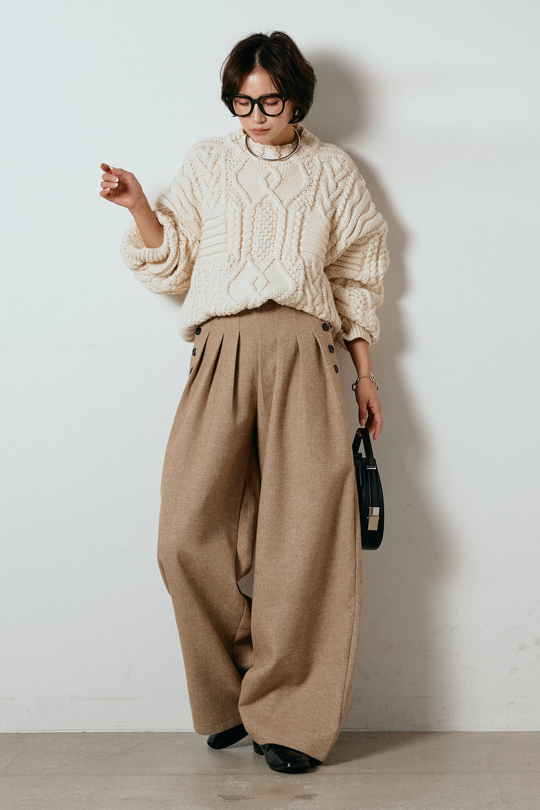 [SET]アラン柄ミックスケーブルニット+サイドボタンツイードタックパンツ(2set)