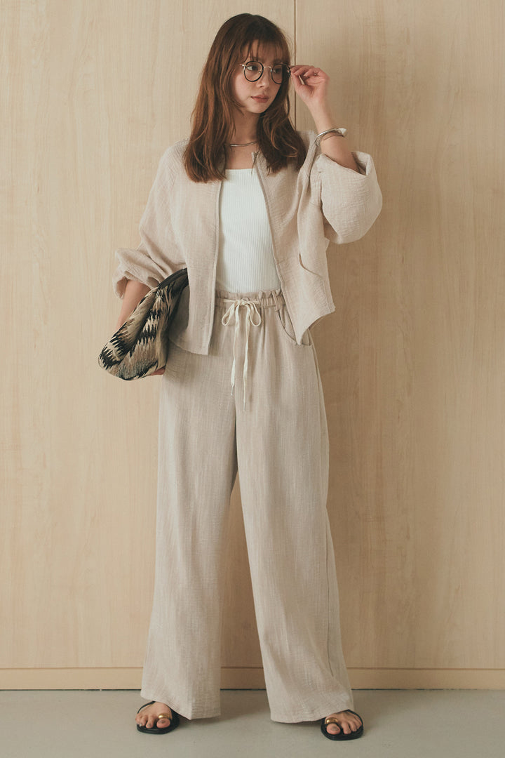 [SET]麻混ノーカラーブルゾン+麻混ウエストドロストパンツ(2set)