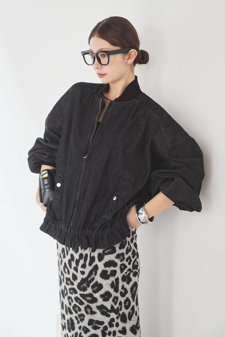 [SET]袖シャーリング裾フリルデニムブルゾン+レオパードサテンナロースカート(2set)