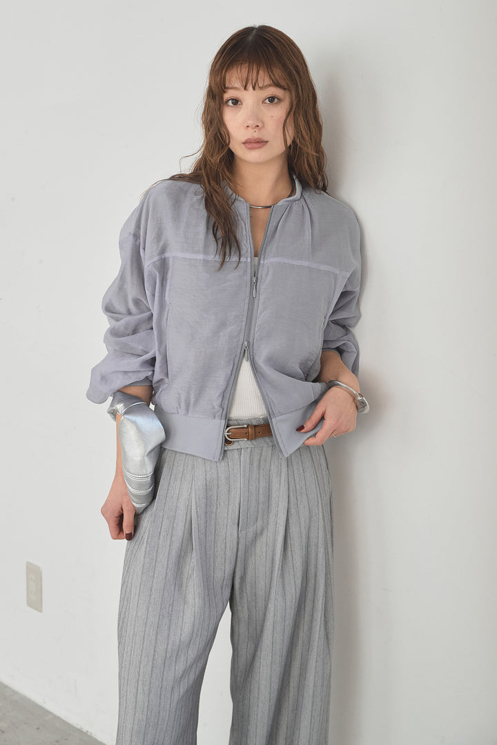 [SET]シアー×ポンチブルゾン+細ベルト付きピンストライプワイドパンツ(2set)