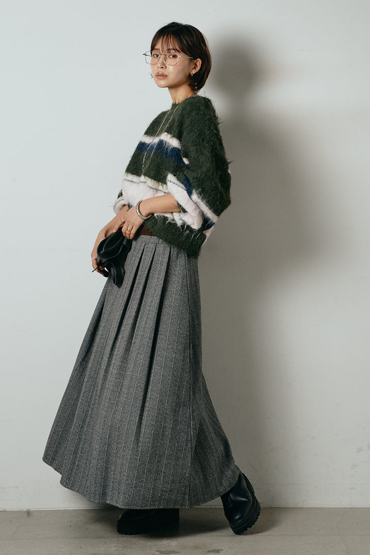 [SET]起毛配色マルチボーダーニットトップス+太ベルト付きヘリンボーンプリーツスカート(2set)