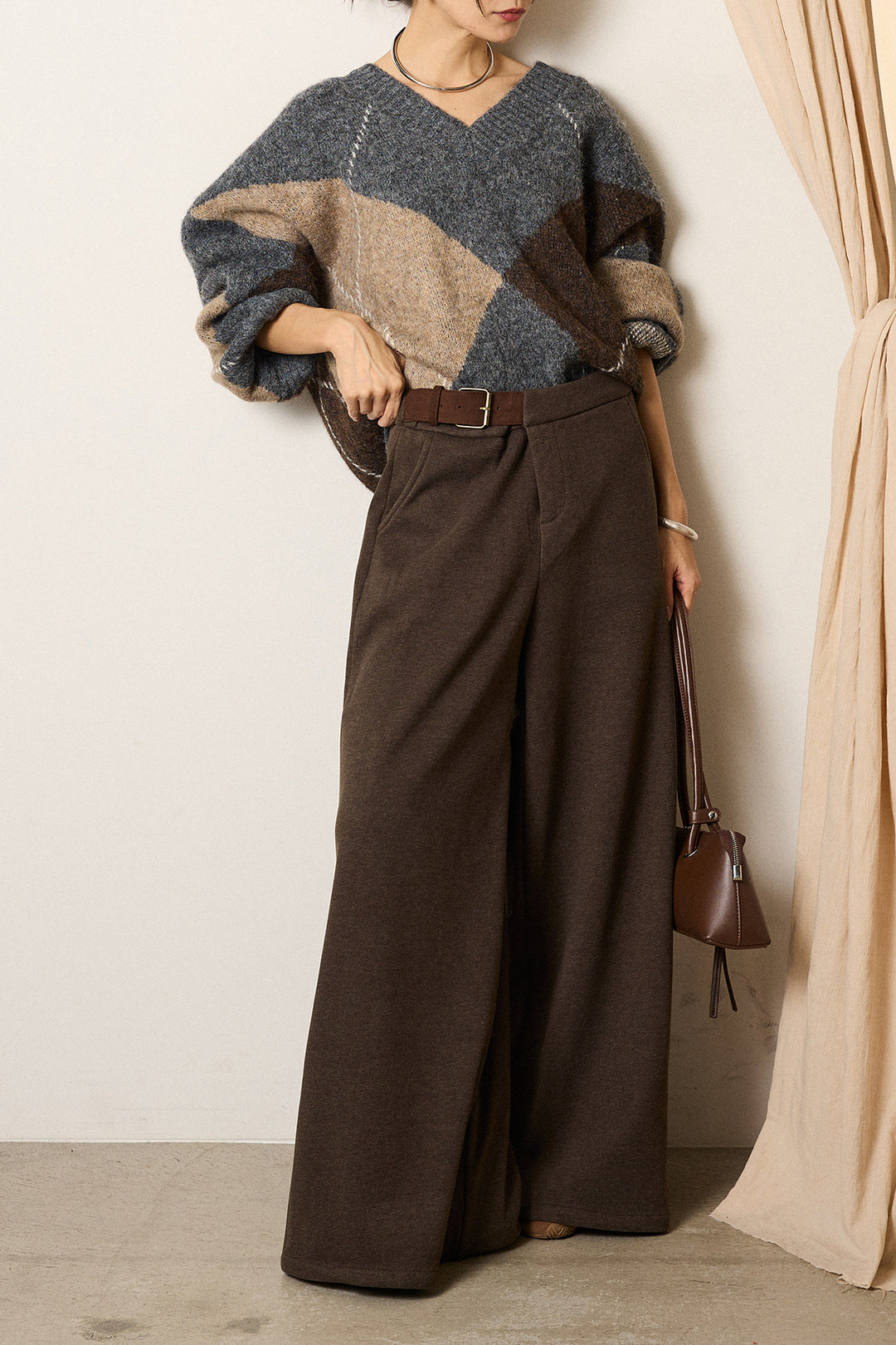 [SET]ルーズアーガイルVネックニット+サイドベルトパンツ(2set)